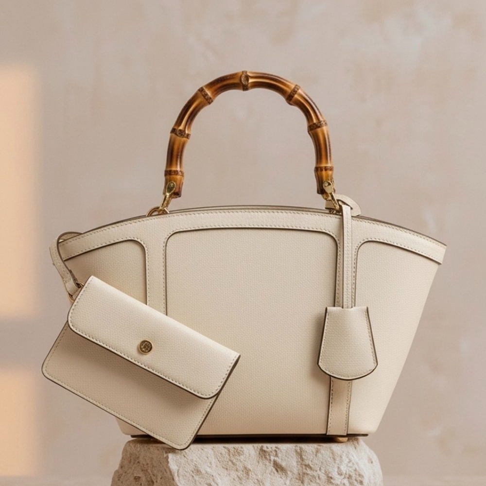 NWT Anne Klein Structured Beige Bag with Bamboo Handle